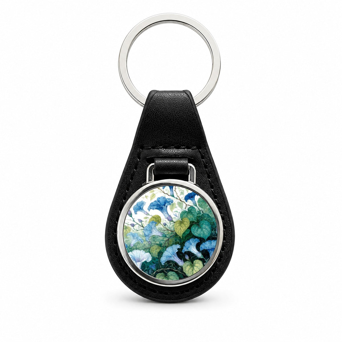 Blue Morning Glory Vines Black Leather Metal Keychain