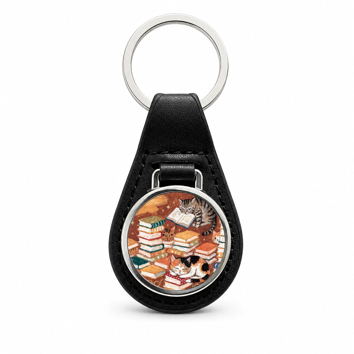 Bookish Cozy Cats Sleeping Reading Black Leather Metal Keychain