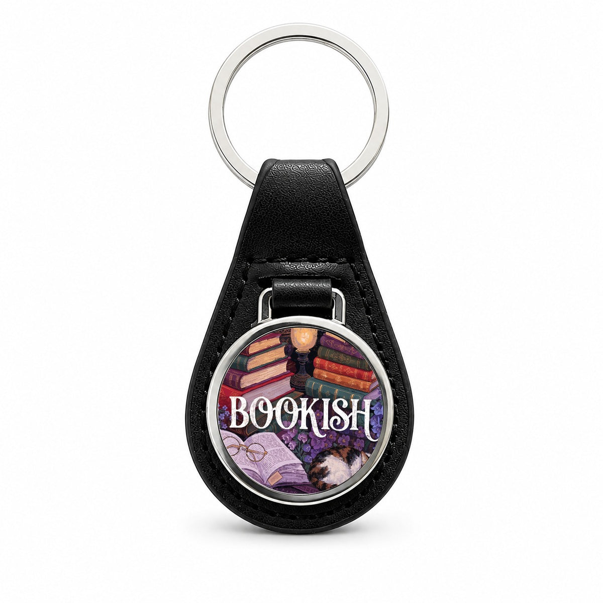 Bookish Reading Books Cat Black Leather Metal Keychain