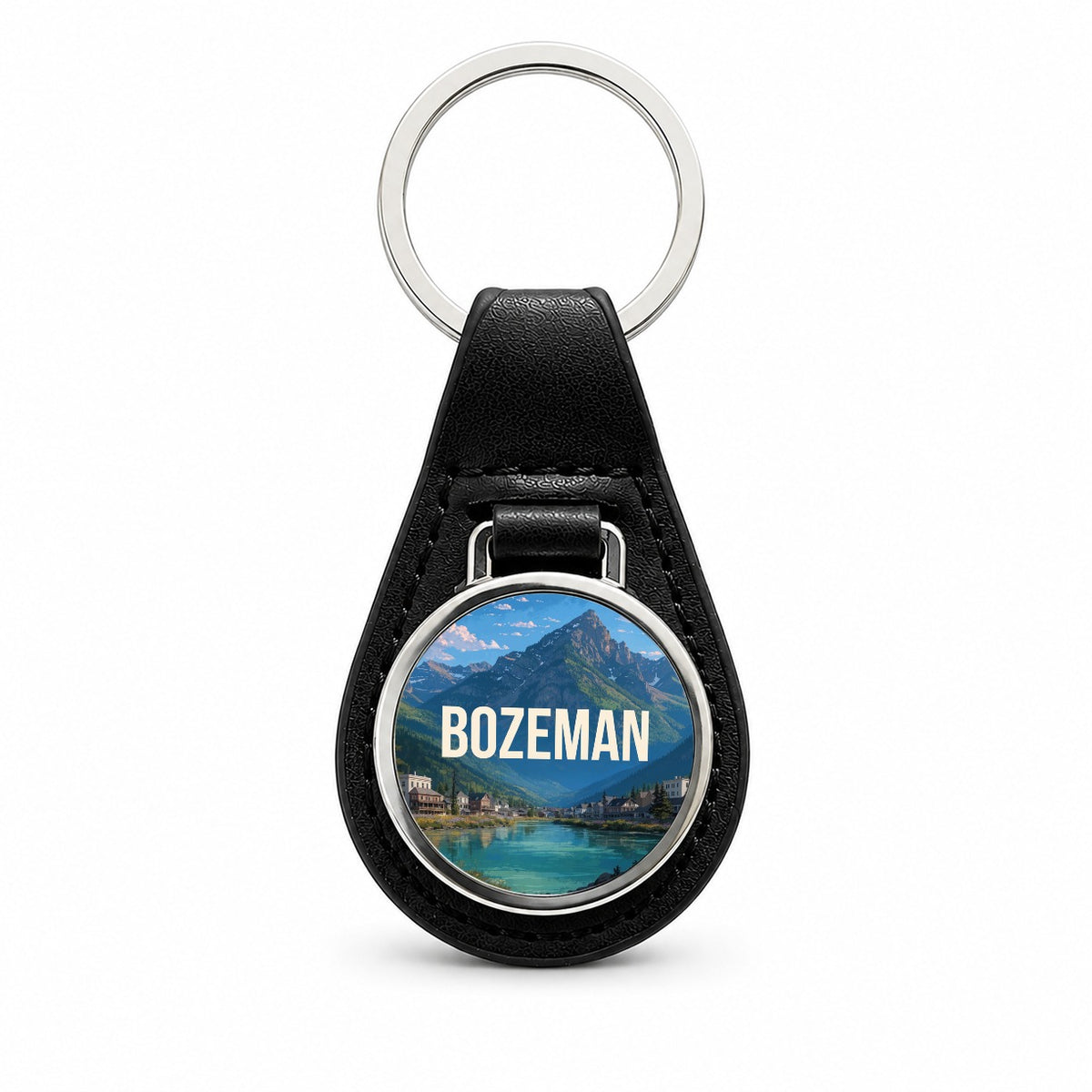 Bozeman Montana Travel Black Leather Metal Keychain