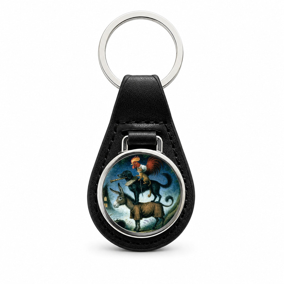 Bremen Town Musicians Black Leather Metal Keychain