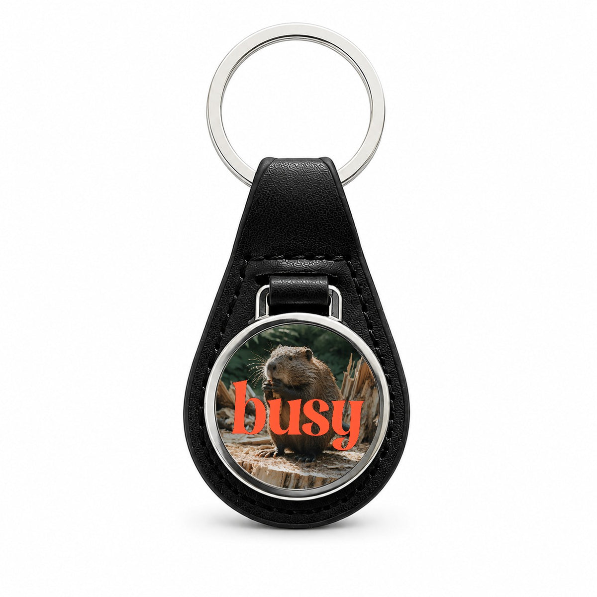 Busy Beaver Funny Black Leather Metal Keychain
