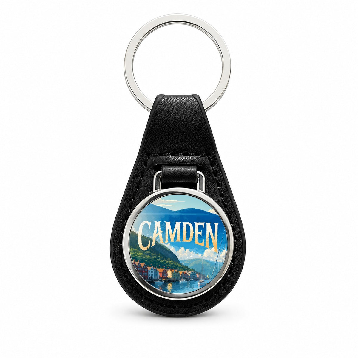 Camden Maine Travel Black Leather Metal Keychain