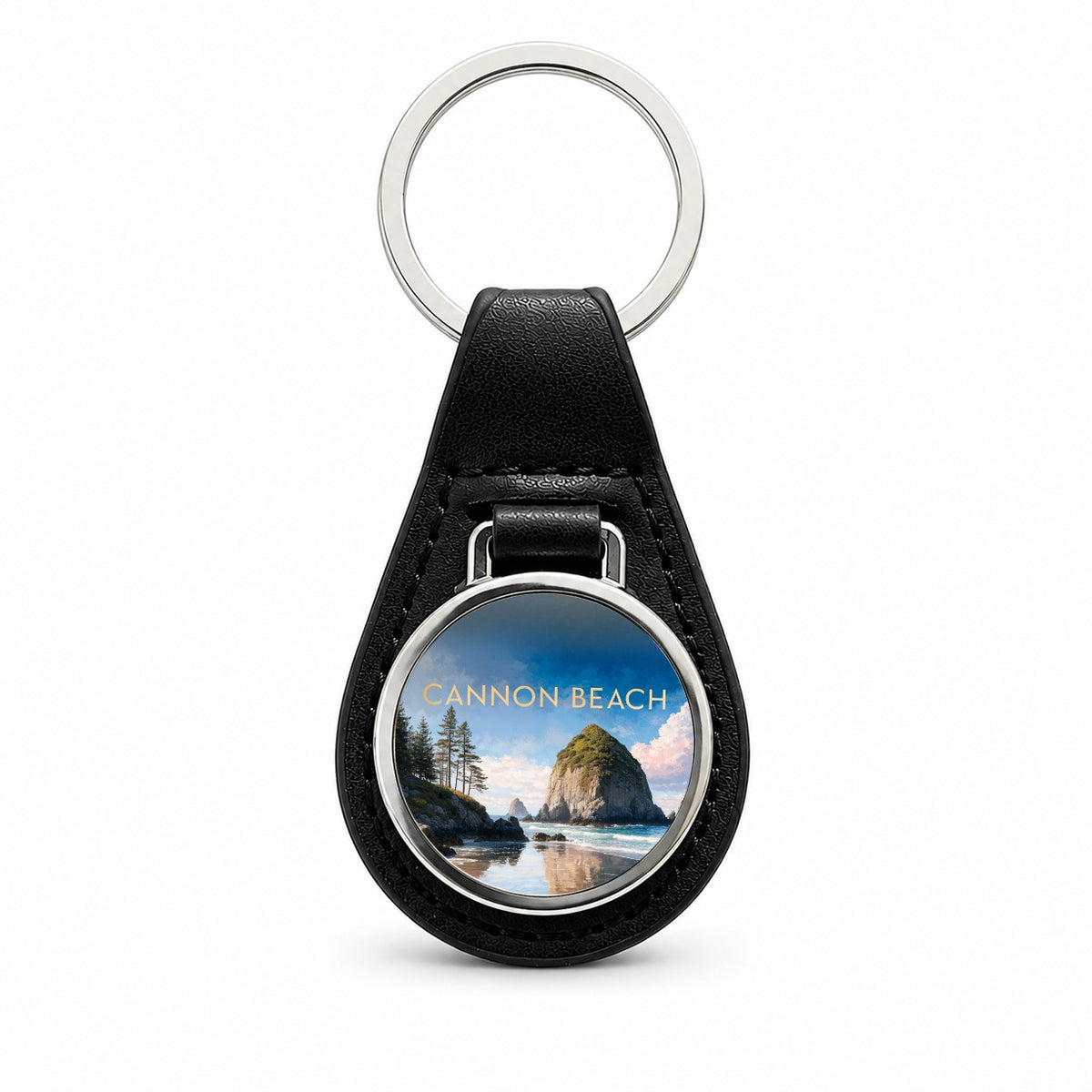 Cannon Beach Oregon Travel Black Leather Metal Keychain