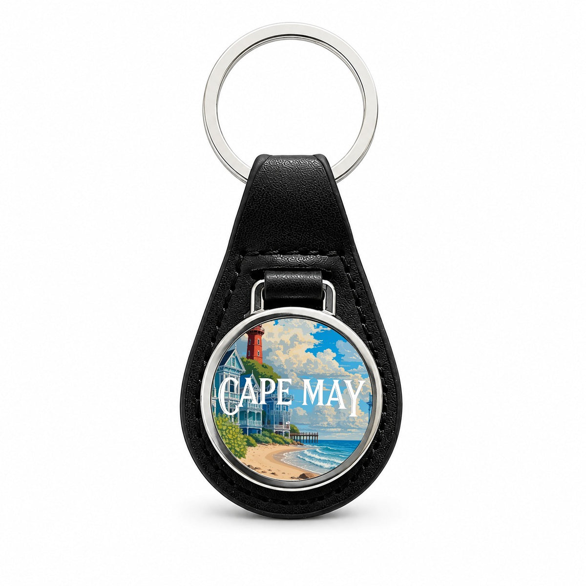 Cape May New Jersey Travel Black Leather Metal Keychain