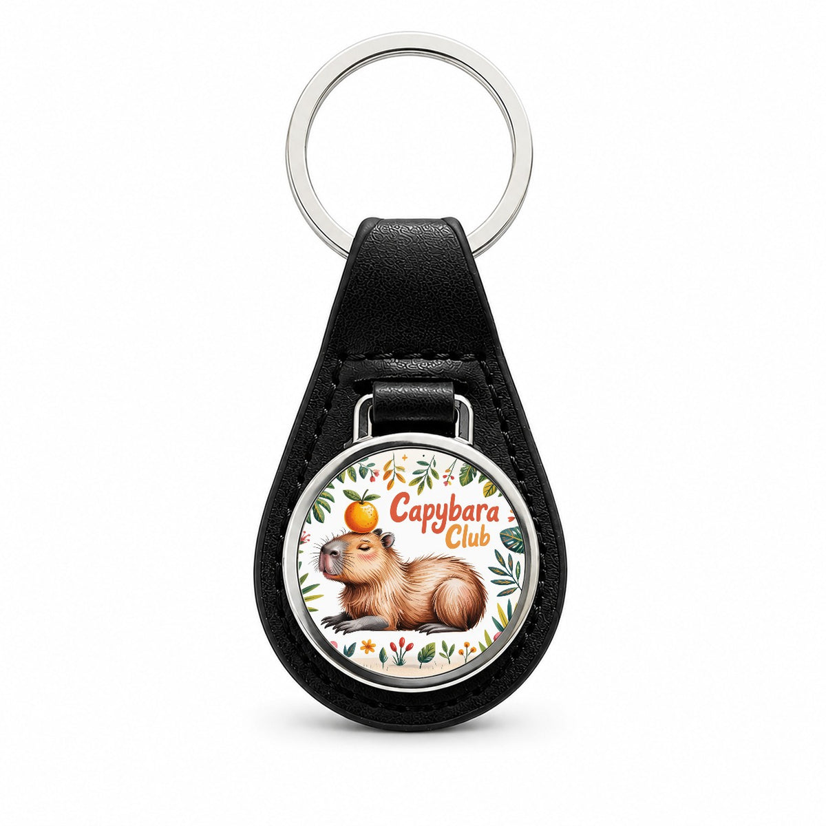 Capybara Club Whimsical Black Leather Metal Keychain
