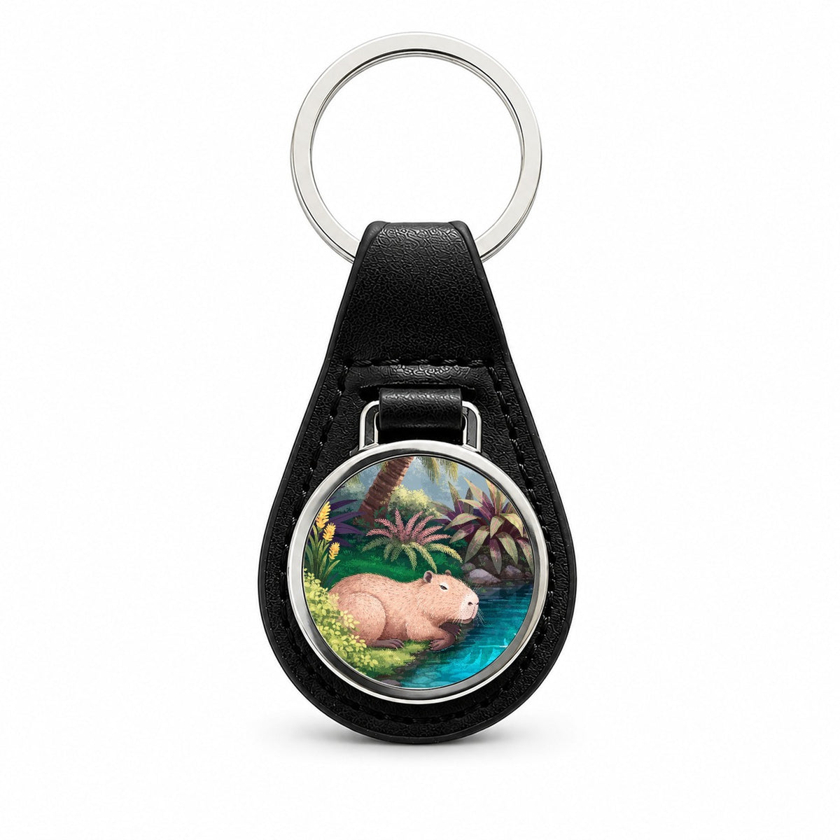 Capybara Tropical Pond Black Leather Metal Keychain