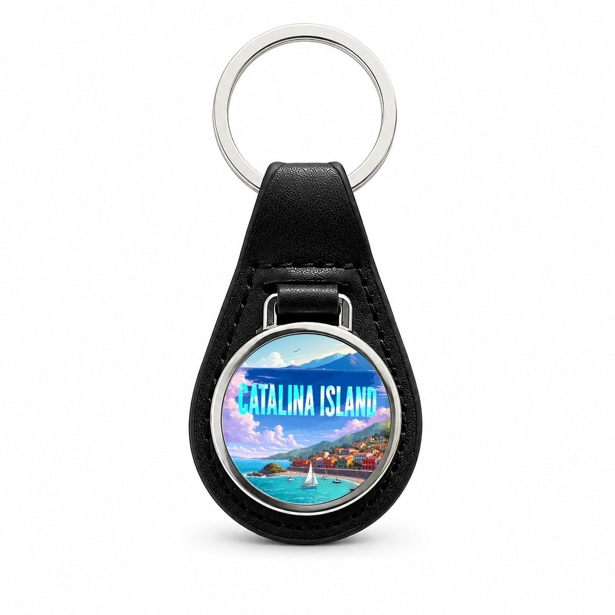 Catalina Island California Travel Black Leather Metal Keychain