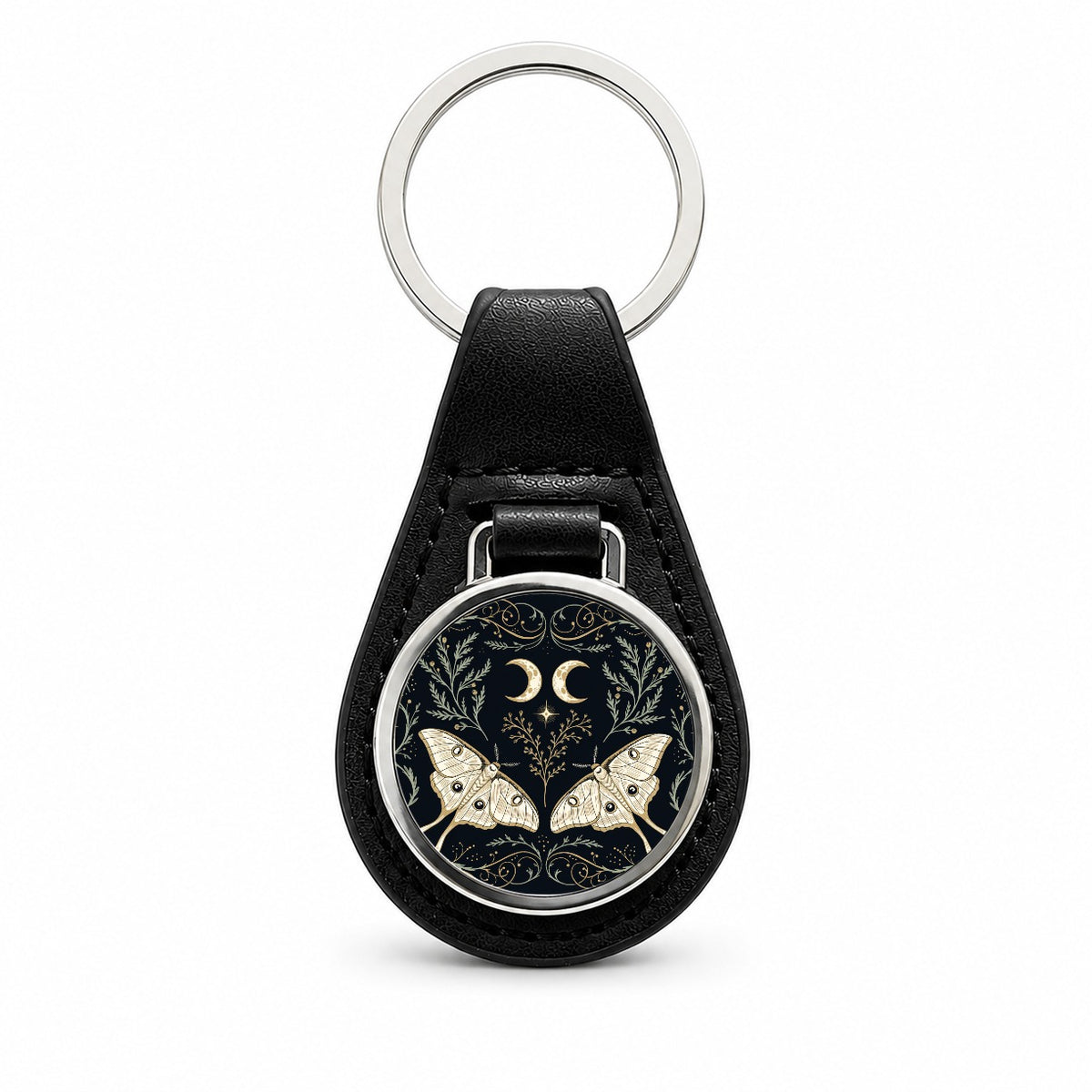 Celestial Moths Crescent Moons Black Leather Metal Keychain