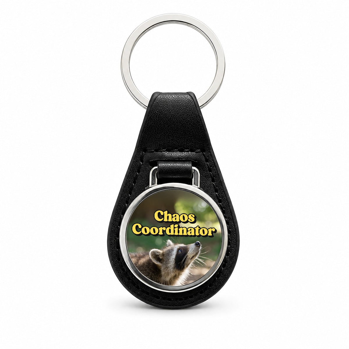 Chaos Coordinator Raccoon Funny Black Leather Metal Keychain