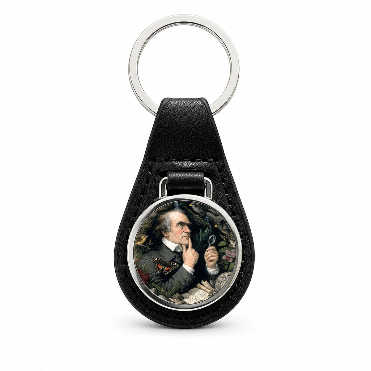 Charles Darwin Naturalist Black Leather Metal Keychain