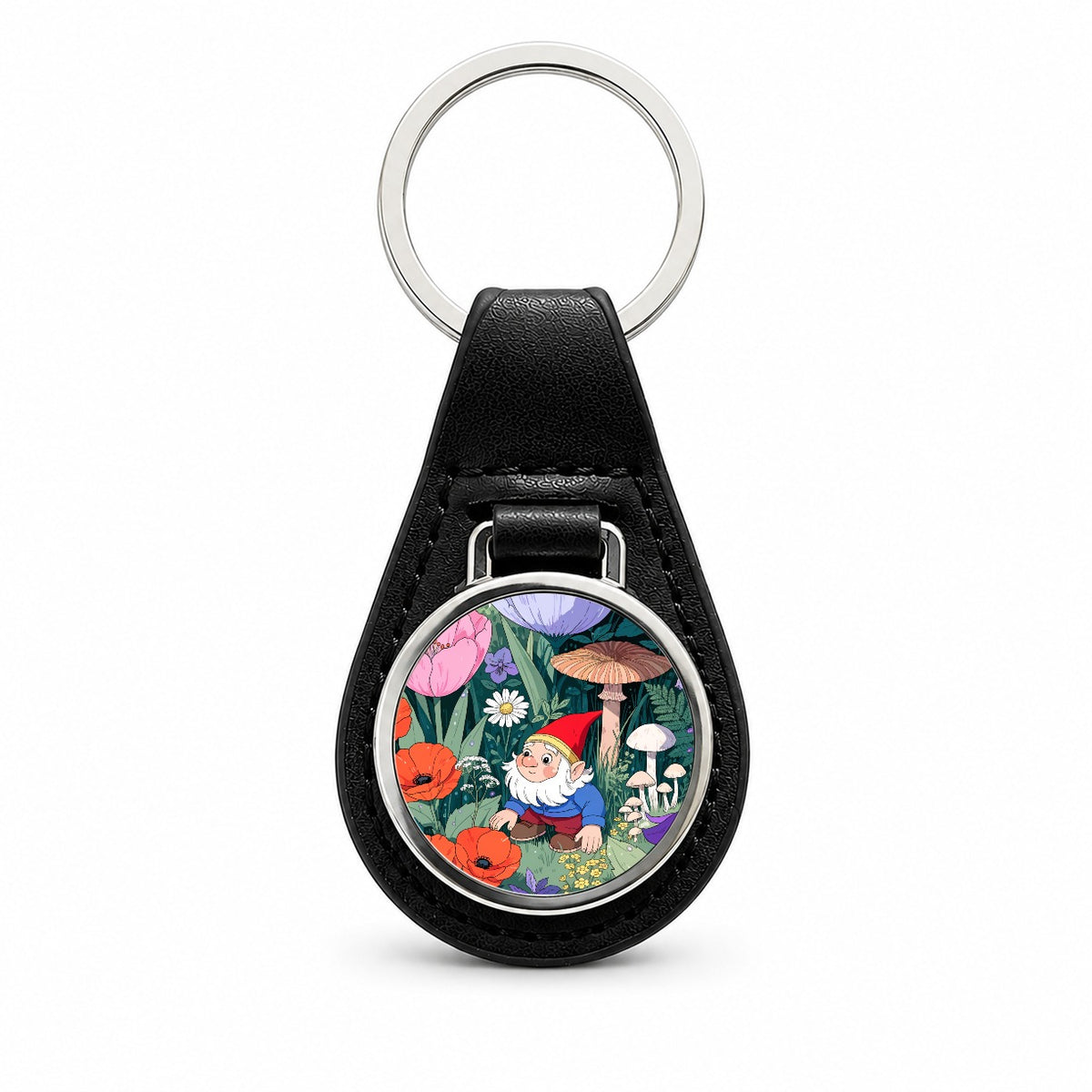 Charming Gnome Flower Garden Black Leather Metal Keychain