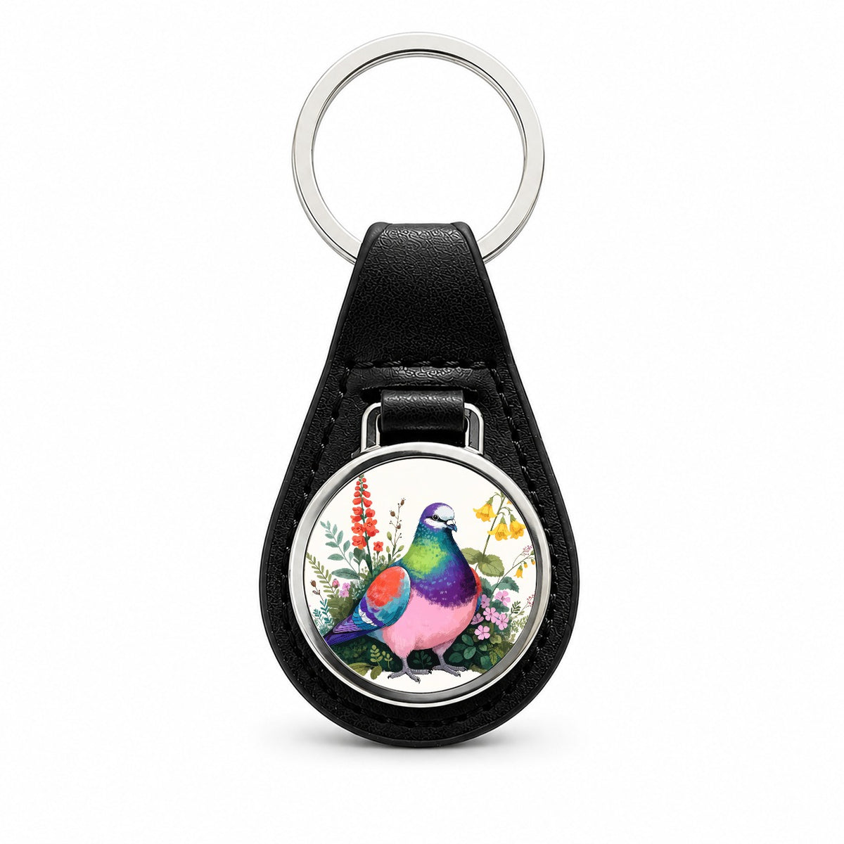 Charming Plump Pigeon Black Leather Metal Keychain