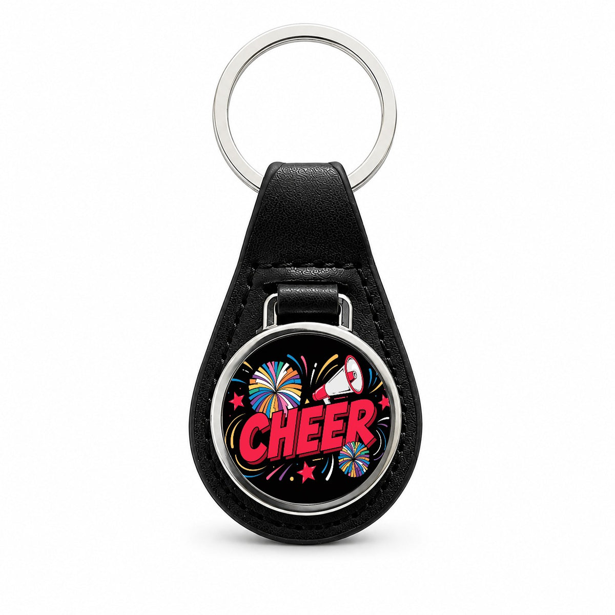 Cheerleading Red on Black Black Leather Metal Keychain