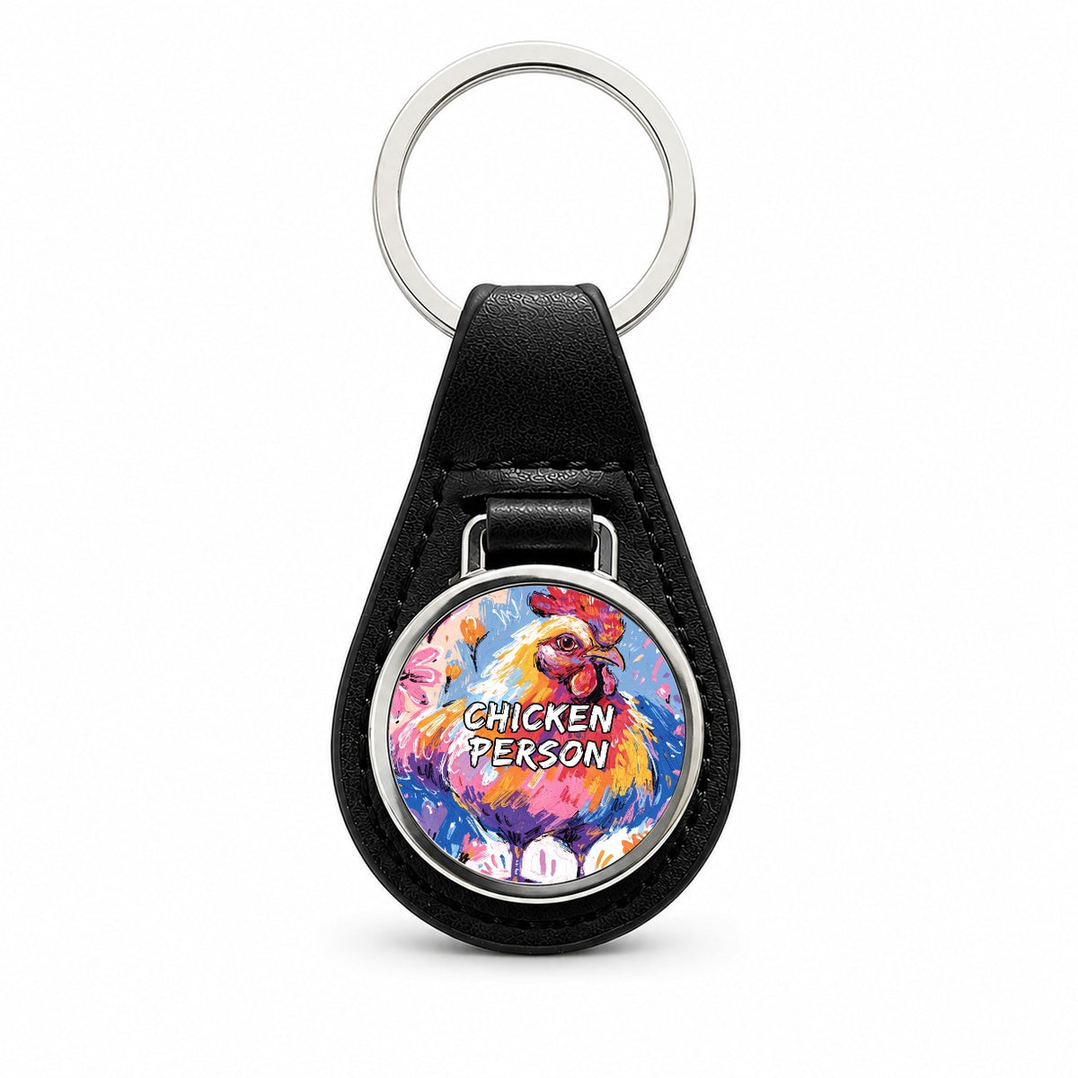 Chicken Person Funny Black Leather Metal Keychain