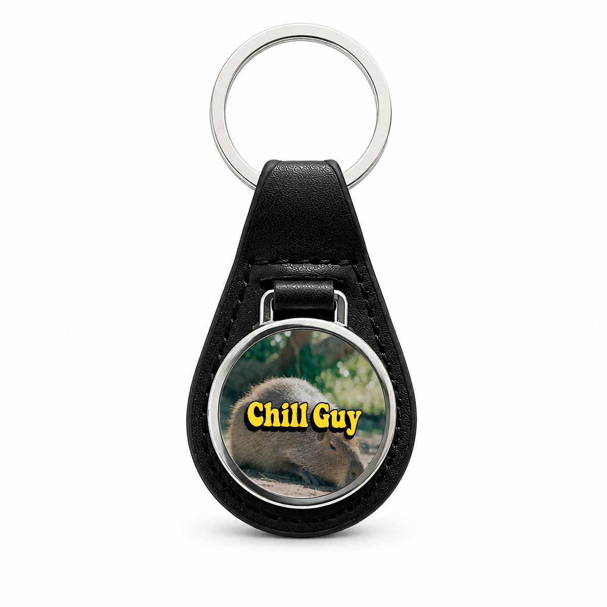 Chill Guy Capybara Funny Black Leather Metal Keychain