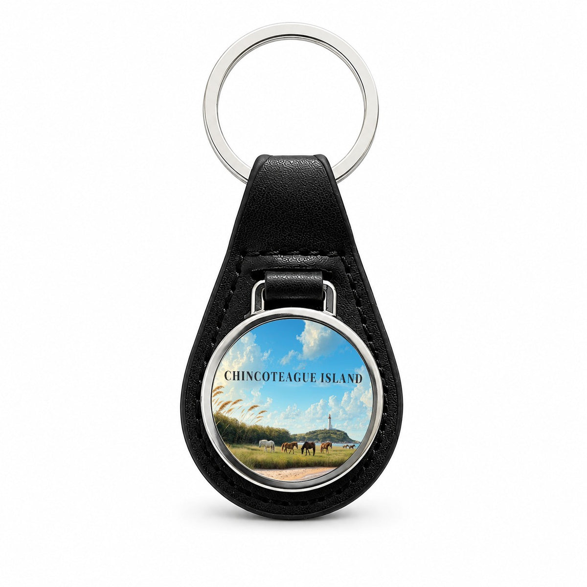Chincoteague Island Virginia Travel Black Leather Metal Keychain