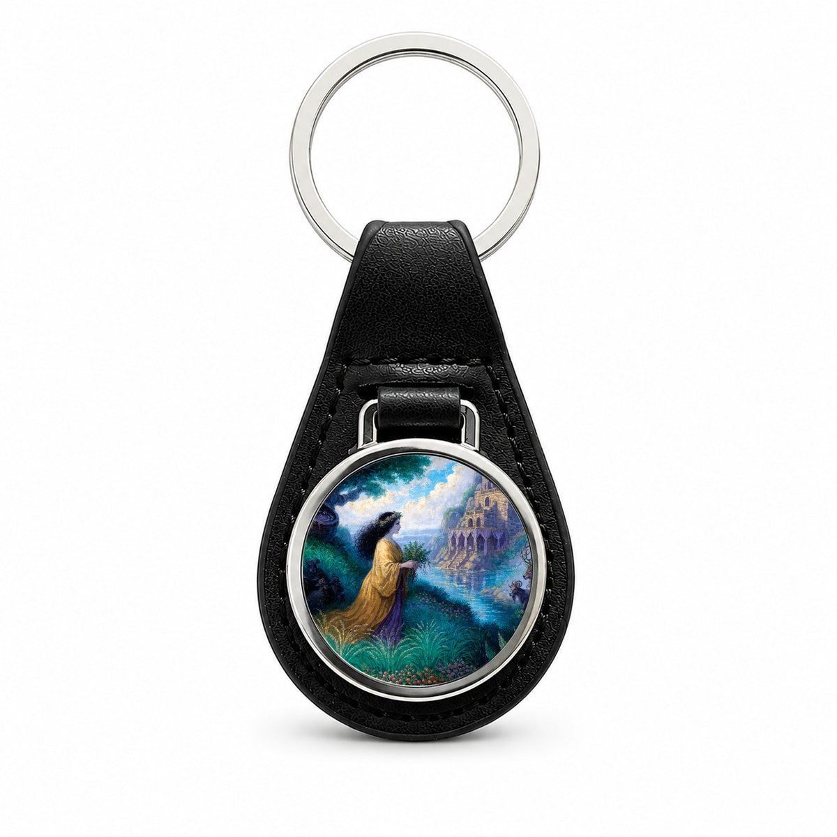 Circe Greek Enchantress Black Leather Metal Keychain