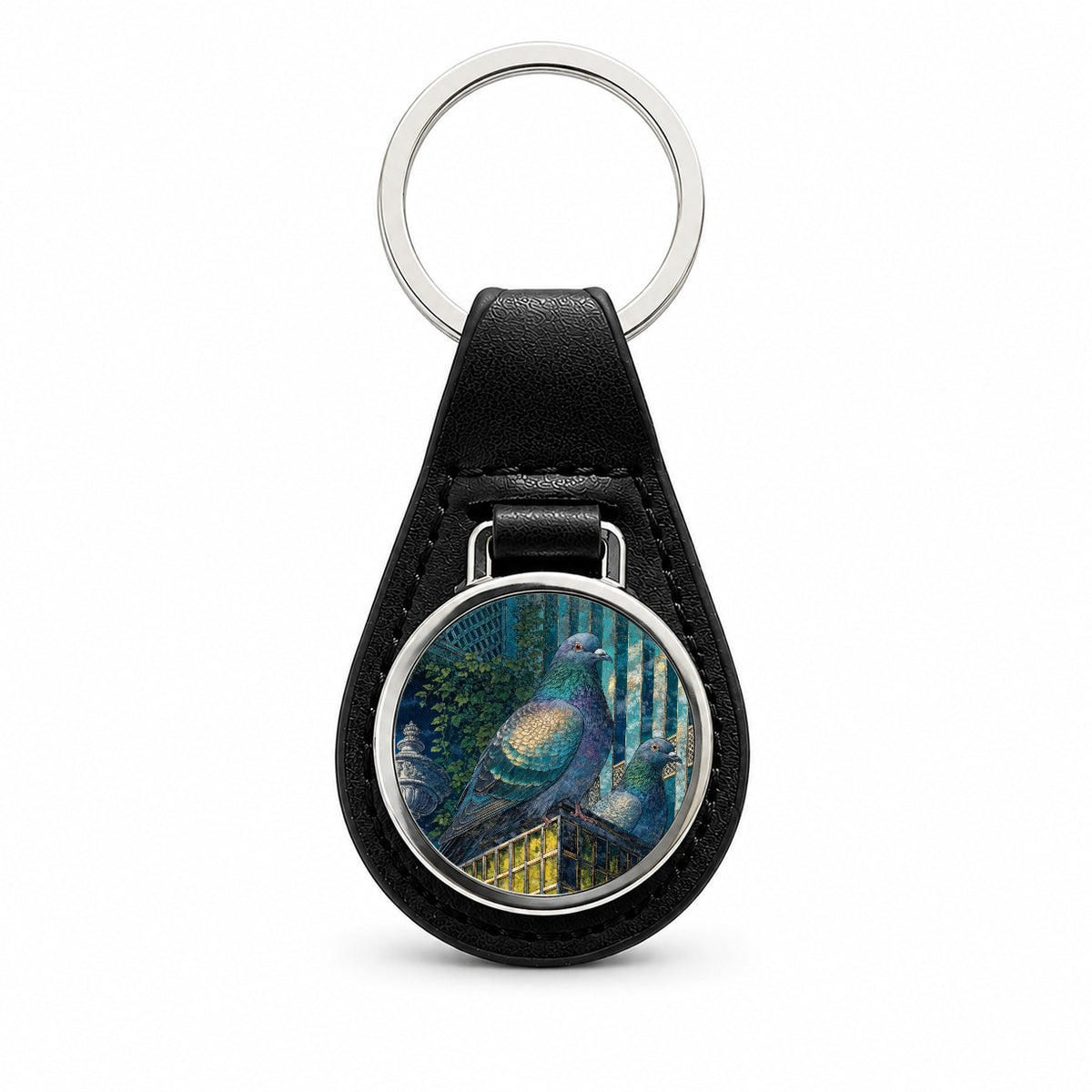 City Pigeons On A Roof Black Leather Metal Keychain