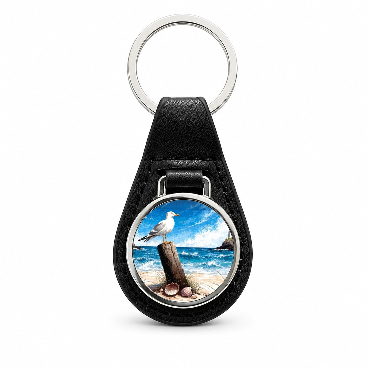 Coastal Seagull Beach Scene Black Leather Metal Keychain