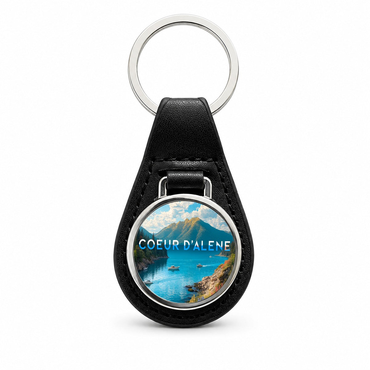 Coeur d'Alene Idaho Travel Black Leather Metal Keychain