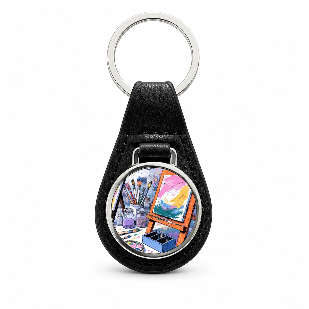 Colorful Artist Painting Studio Black Leather Metal Keychain