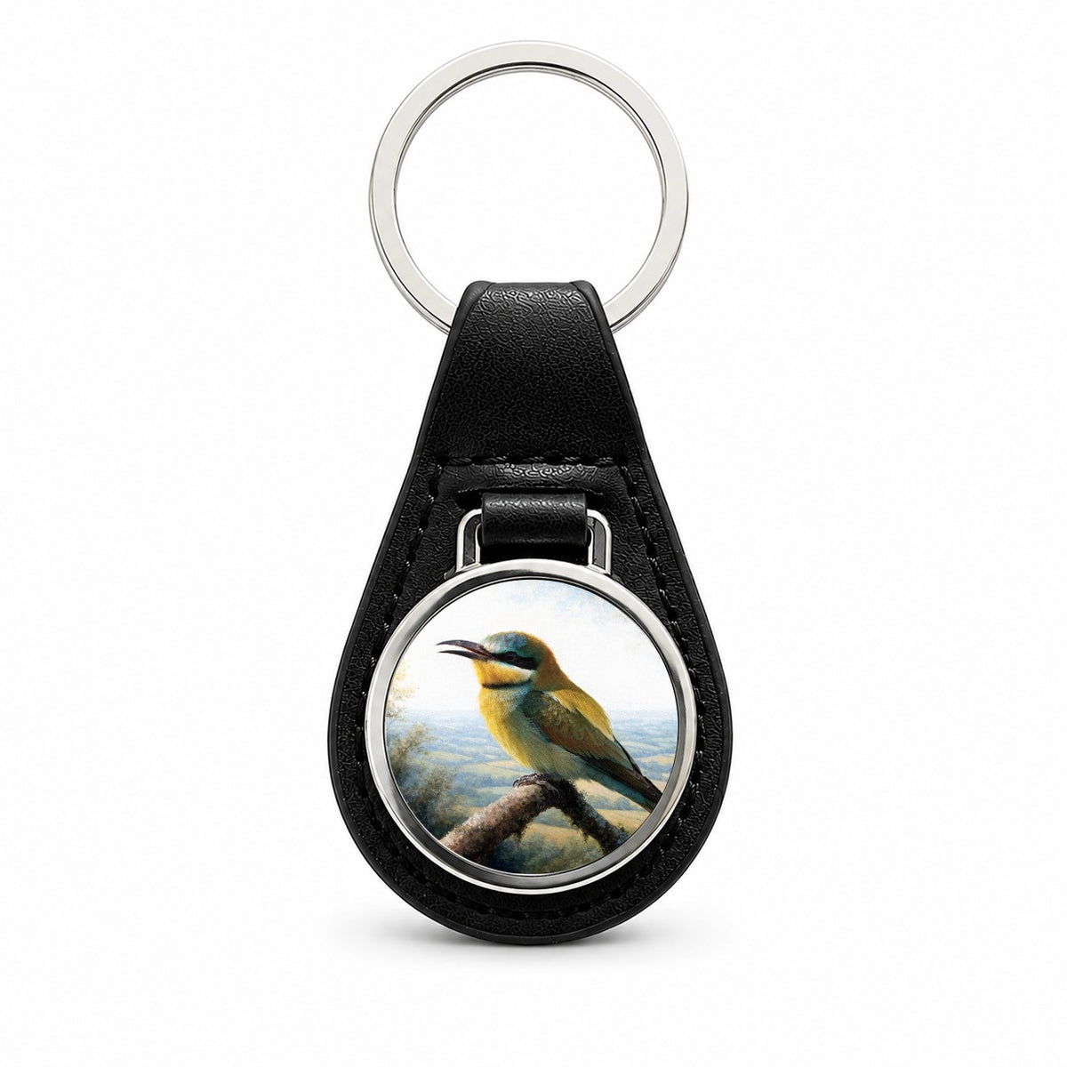Colorful Bee Eater Black Leather Metal Keychain