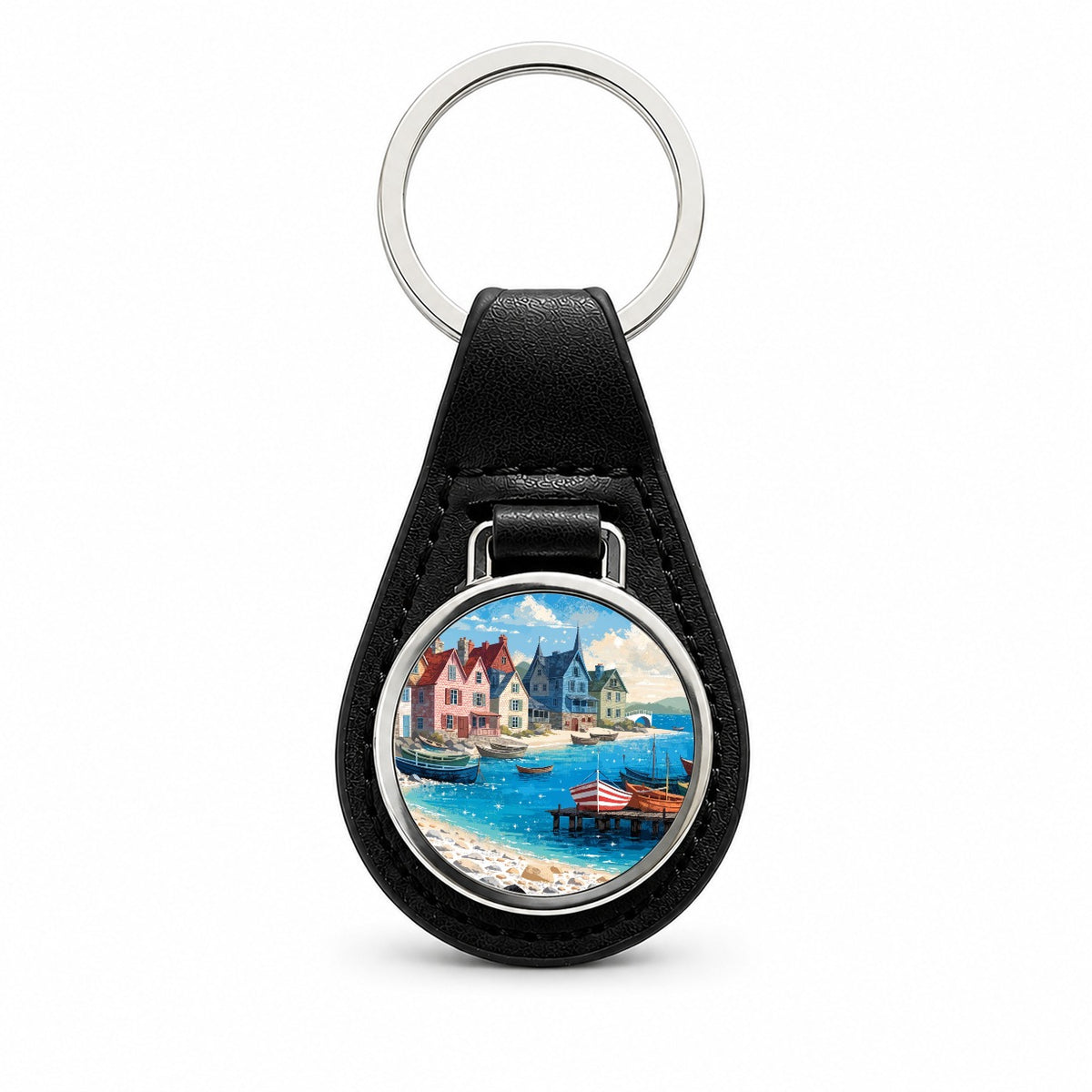 Colorful Coastal Fishing Village Black Leather Metal Keychain