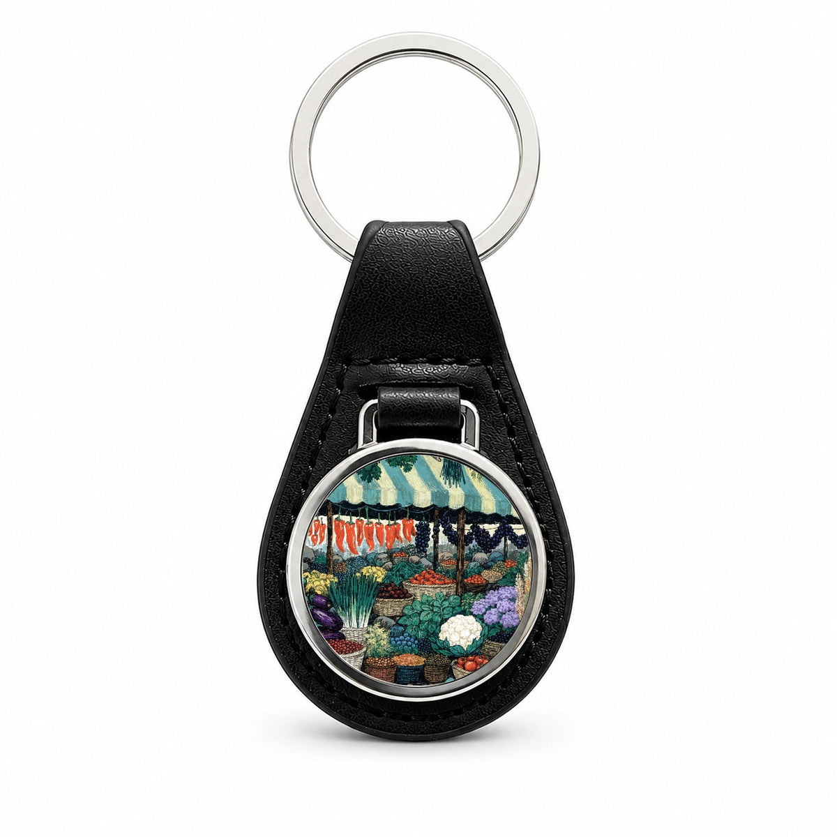 Colorful Farmers Market Black Leather Metal Keychain