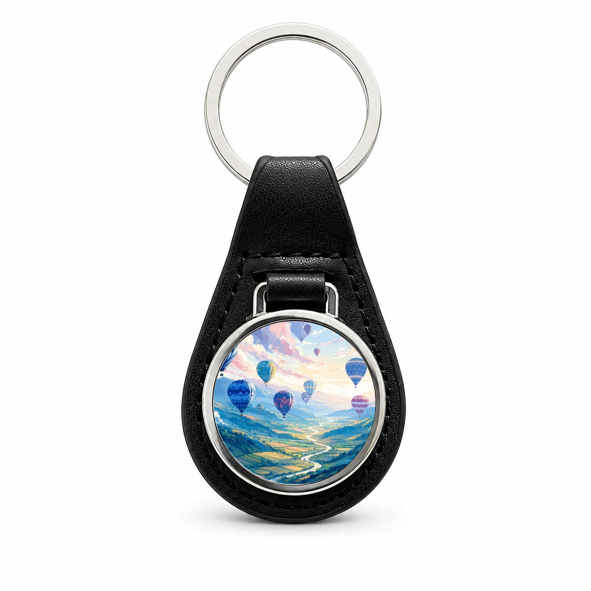 Colorful Hot Air Balloons Black Leather Metal Keychain