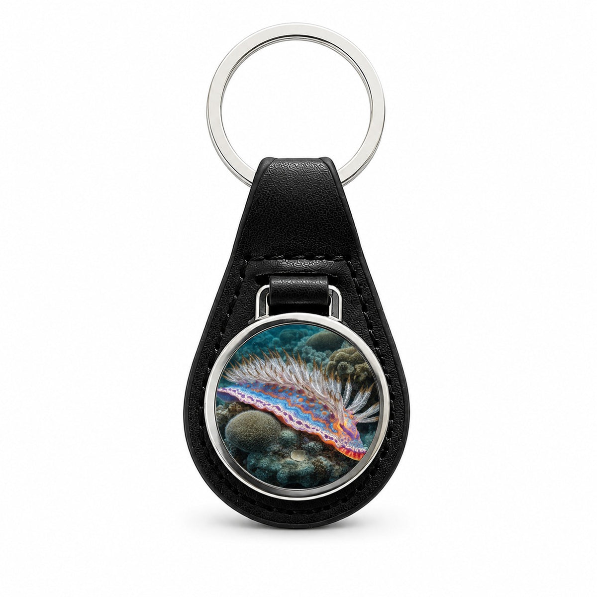 Colorful Nudibranch Reef Black Leather Metal Keychain