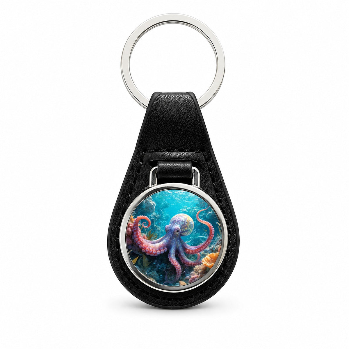 Colorful Octopus Reef Black Leather Metal Keychain