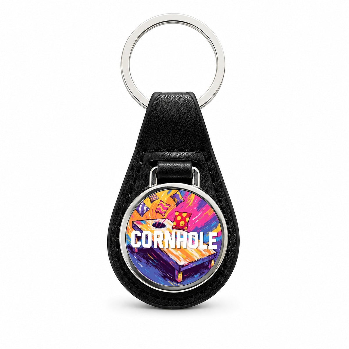 Cornhole Game Black Leather Metal Keychain