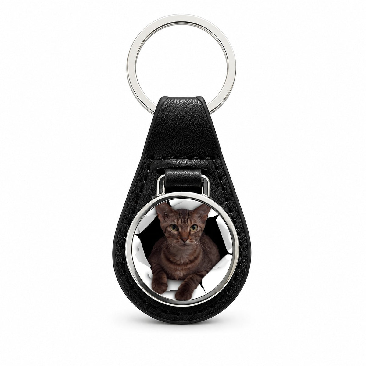 Cornish Rex Cat Breakout Black Leather Metal Keychain