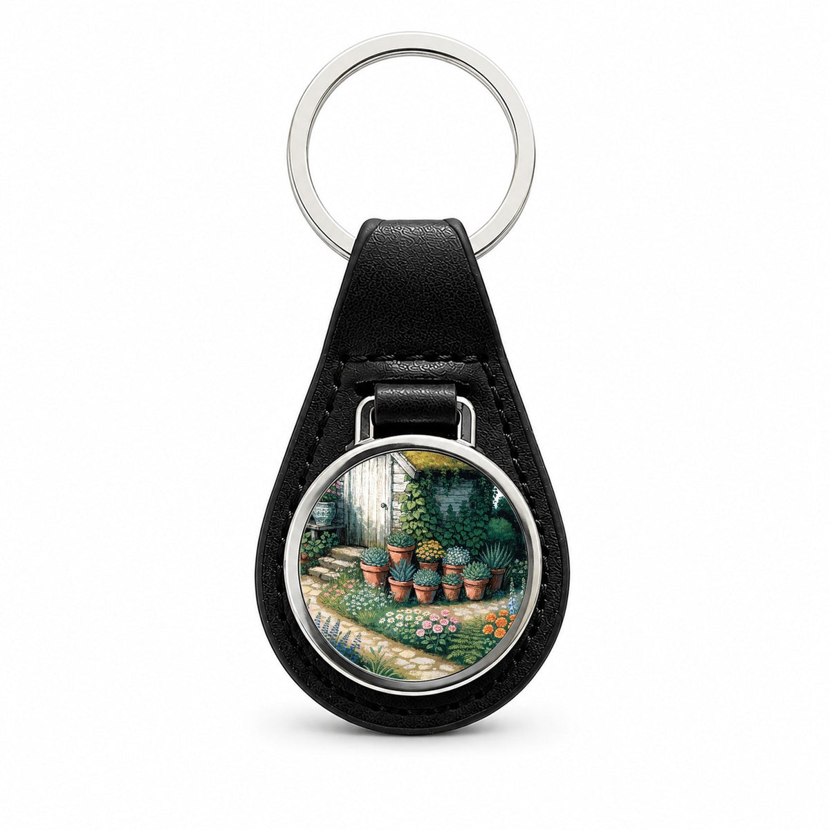 Cottage Garden Shed Black Leather Metal Keychain