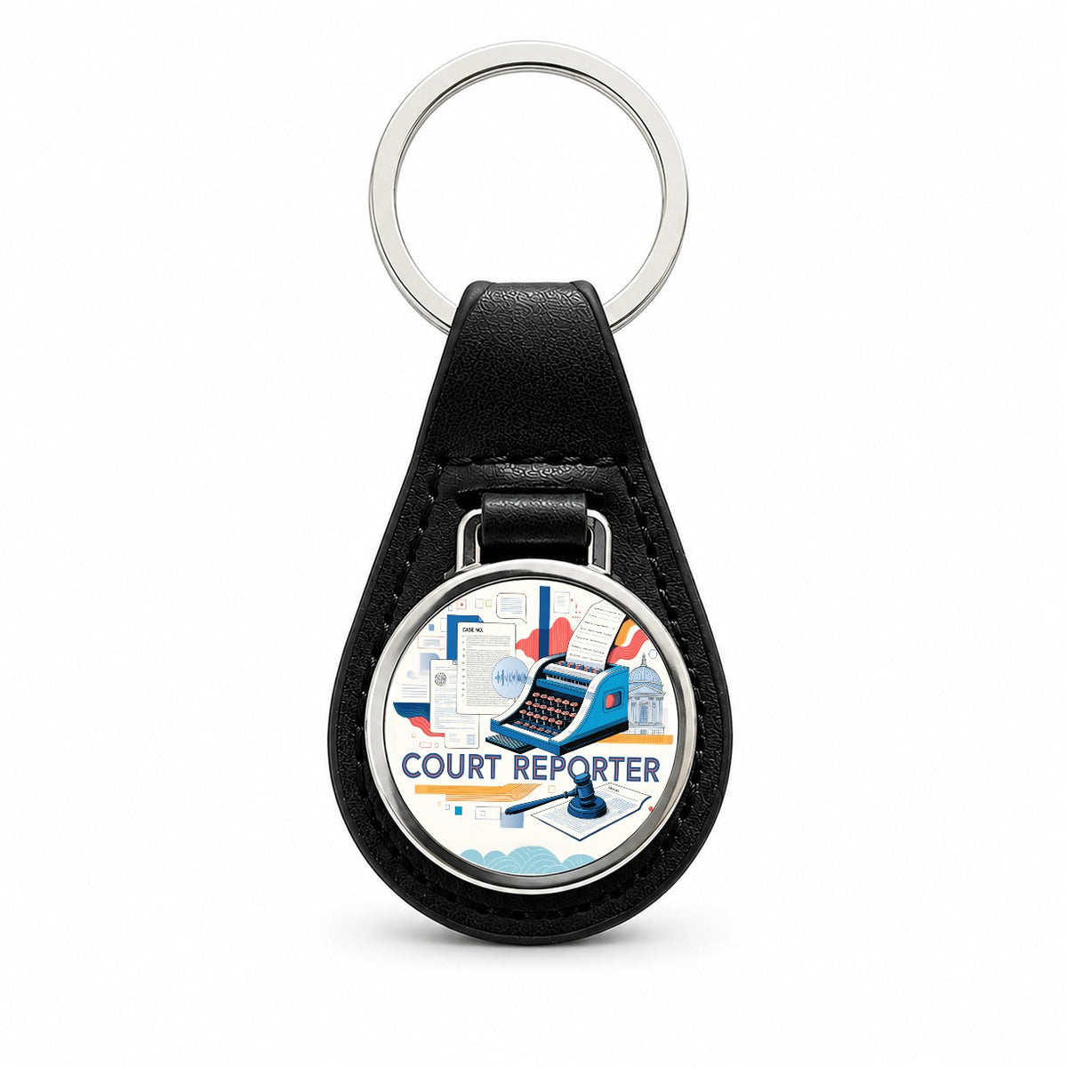 Court Reporter Black Leather Metal Keychain
