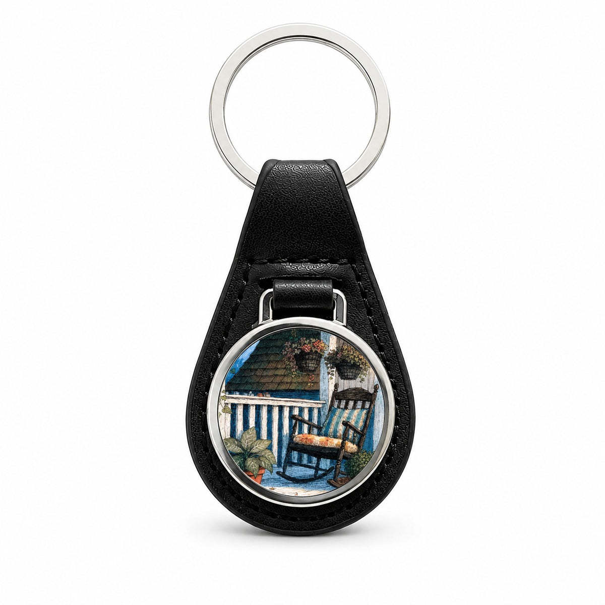 Cozy Cottage Porch Black Leather Metal Keychain
