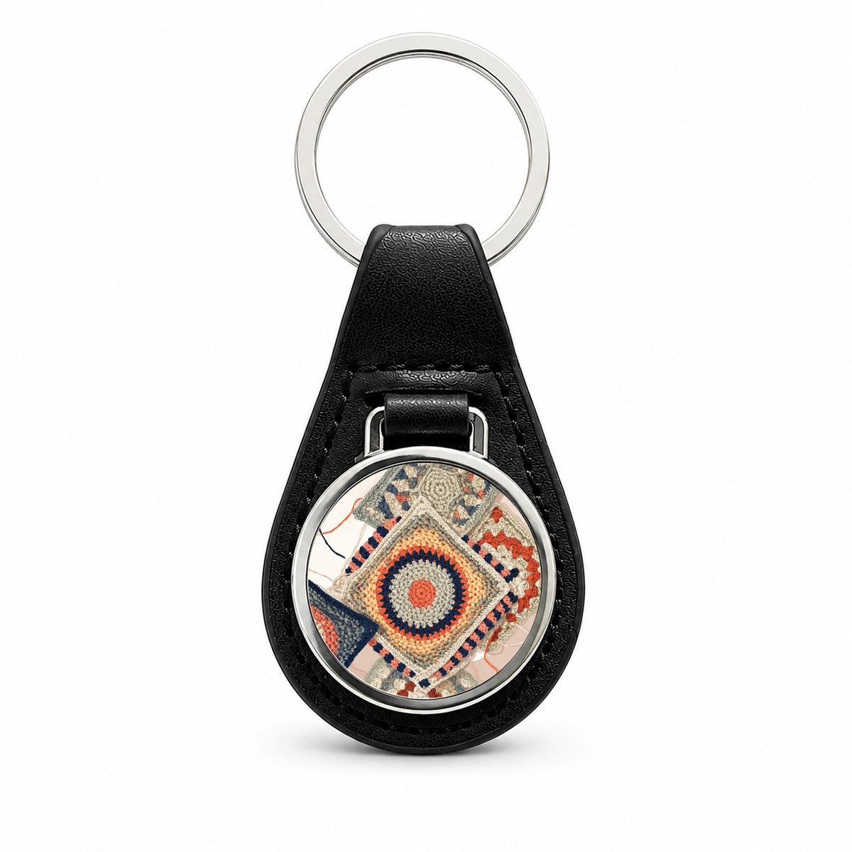 Cozy Crochet Granny Squares Black Leather Metal Keychain