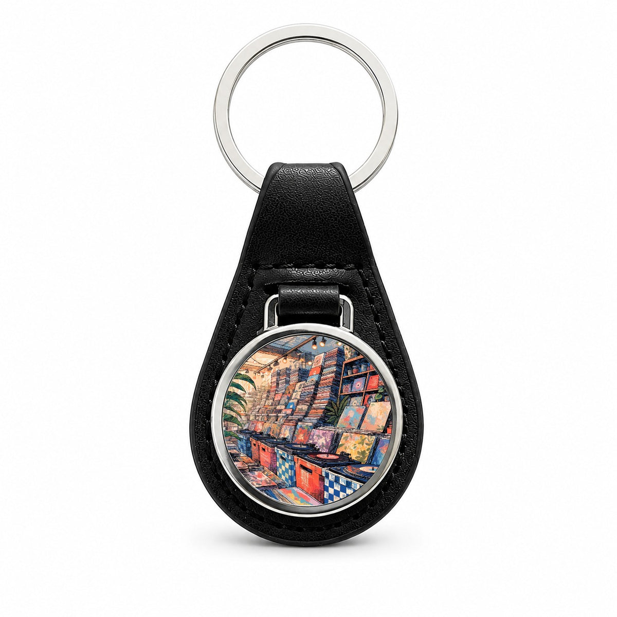 Cozy Record Store Black Leather Metal Keychain