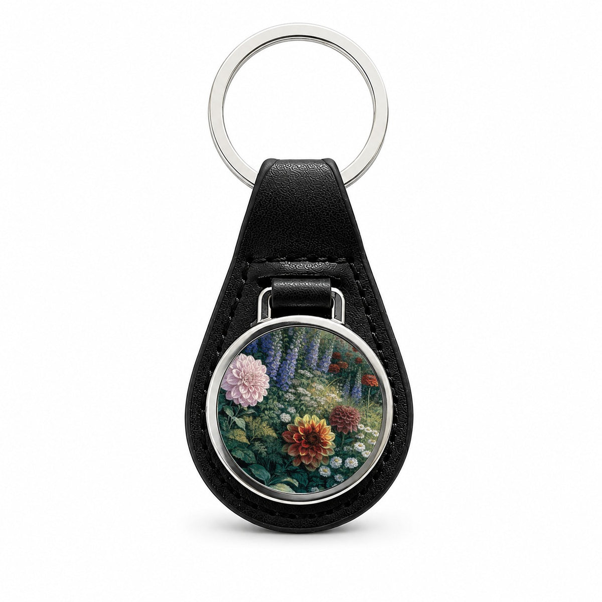 Cut Flower Cottage Garden Black Leather Metal Keychain