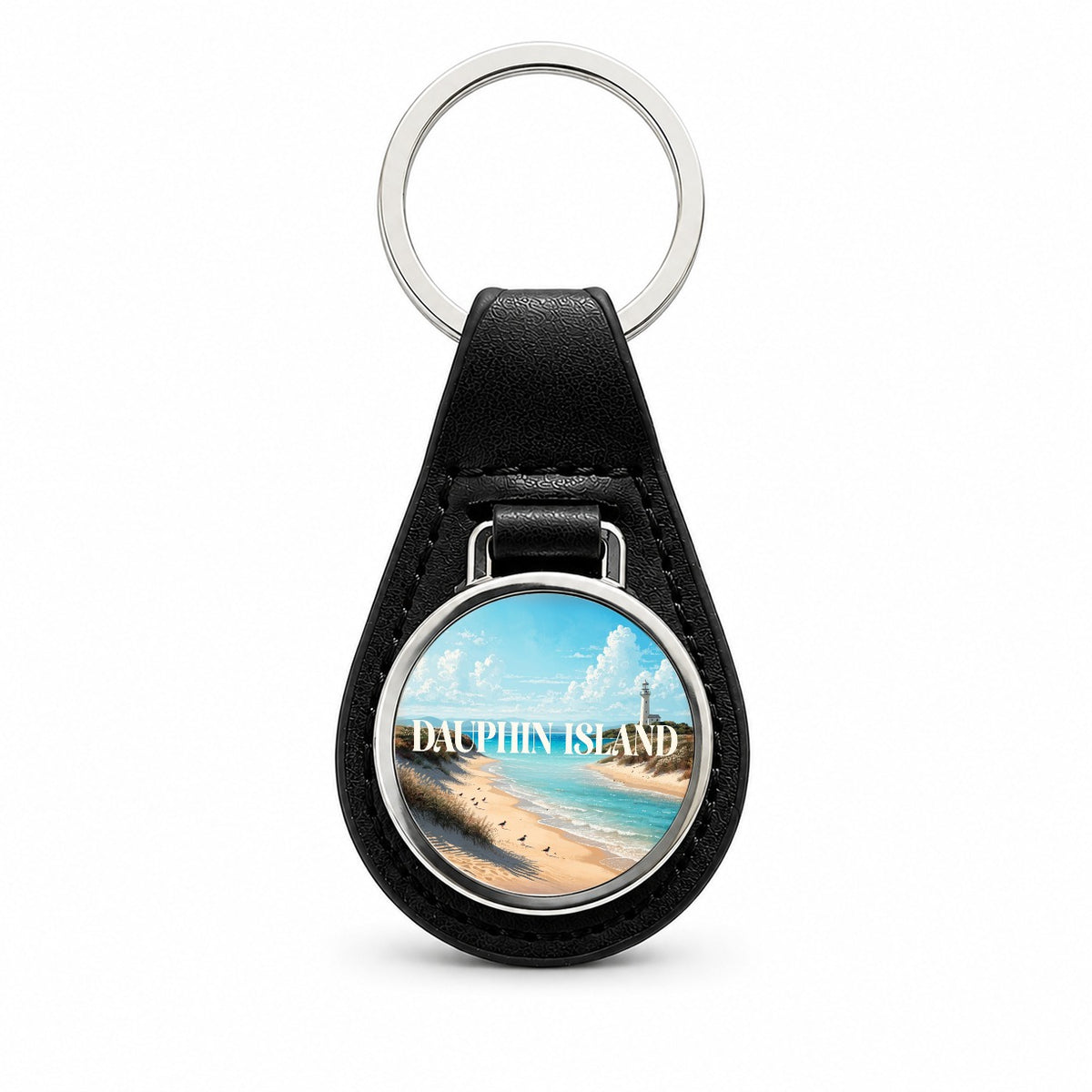 Dauphin Island Alabama Travel Black Leather Metal Keychain