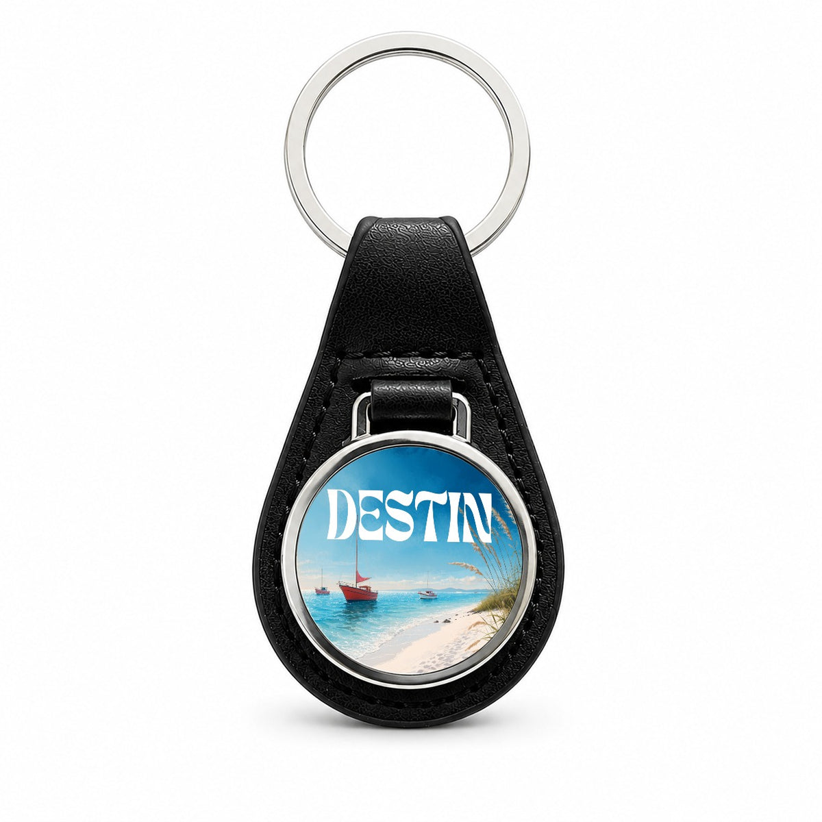 Destin Florida Travel Black Leather Metal Keychain