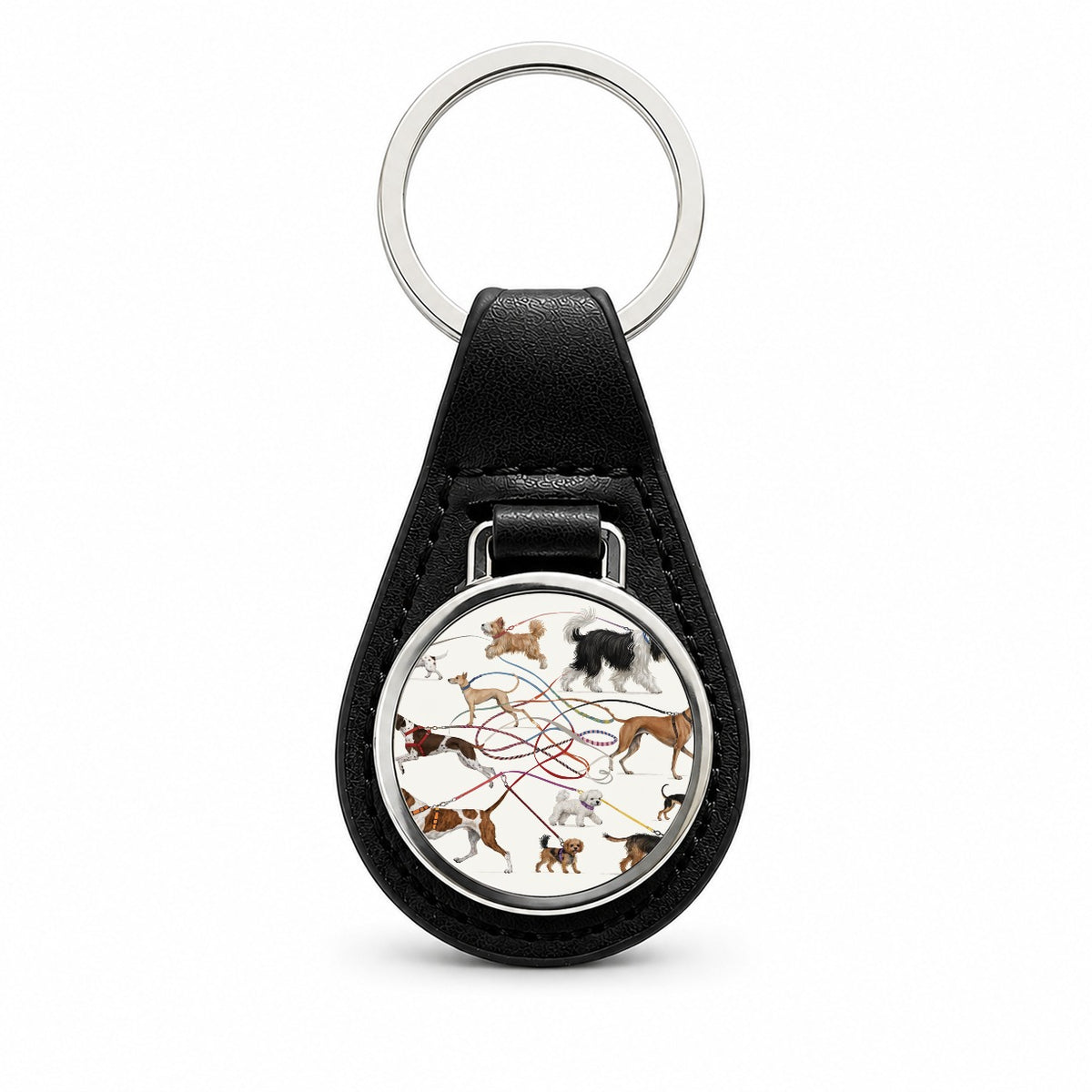 Dog Walking Fun Black Leather Metal Keychain