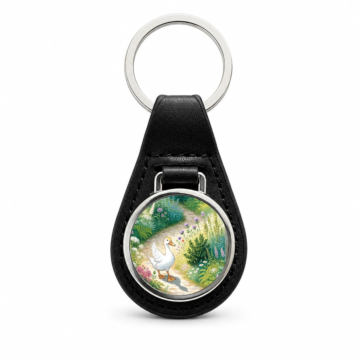 Duck Cottage Garden Black Leather Metal Keychain