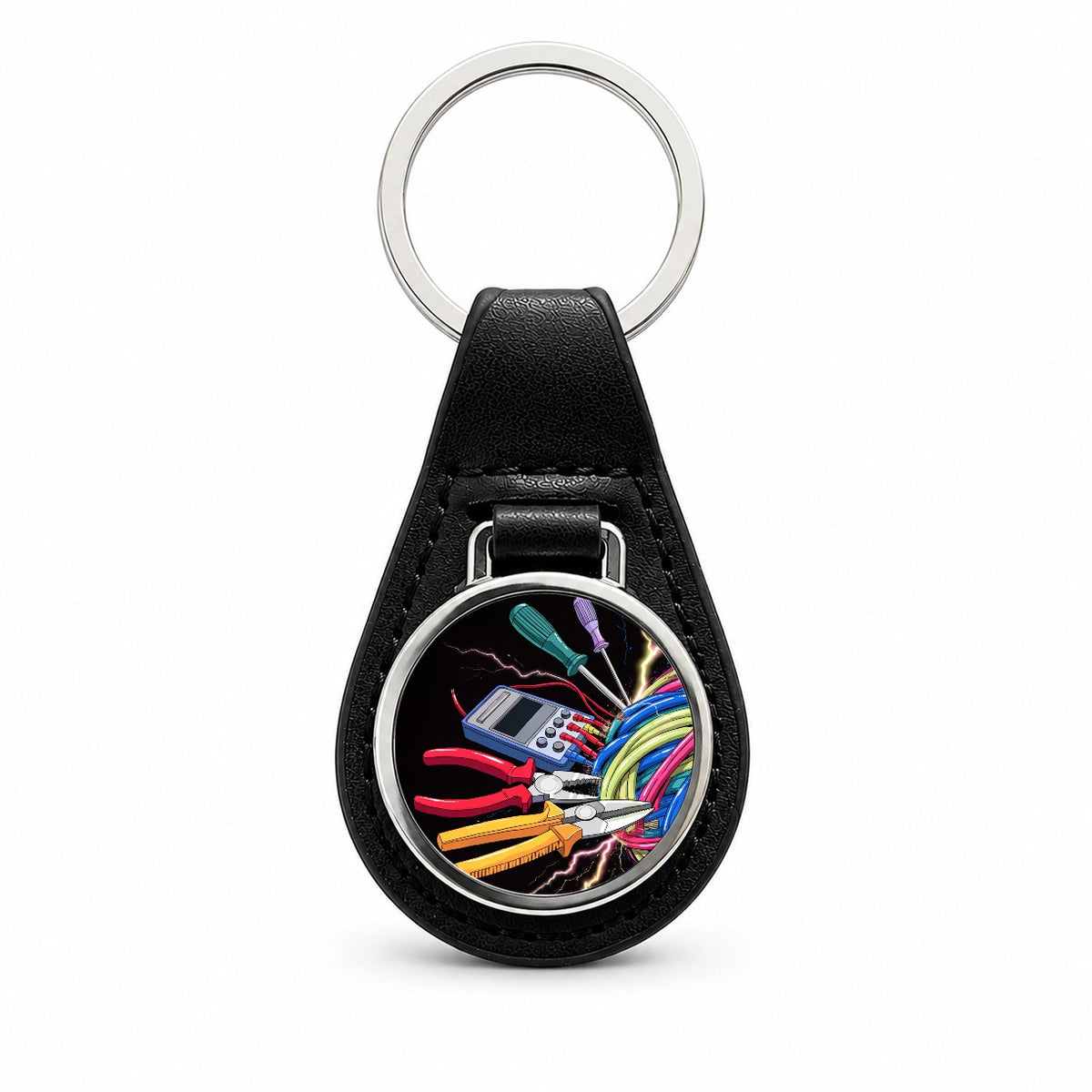 Electrician Tools Lightning Black Leather Metal Keychain