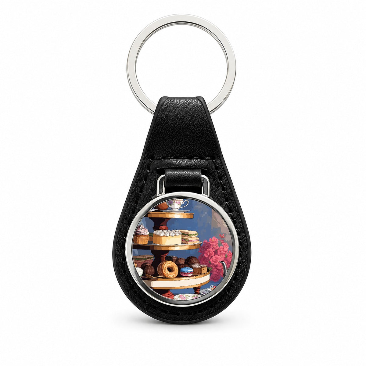 Elegant Afternoon Tea Black Leather Metal Keychain