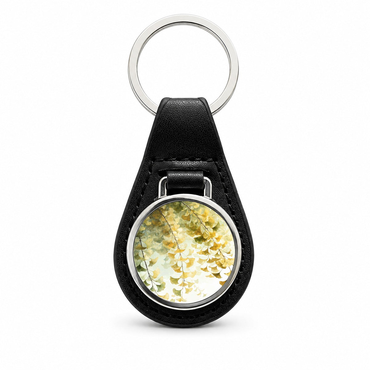 Elegant Ginkgo Leaves Black Leather Metal Keychain