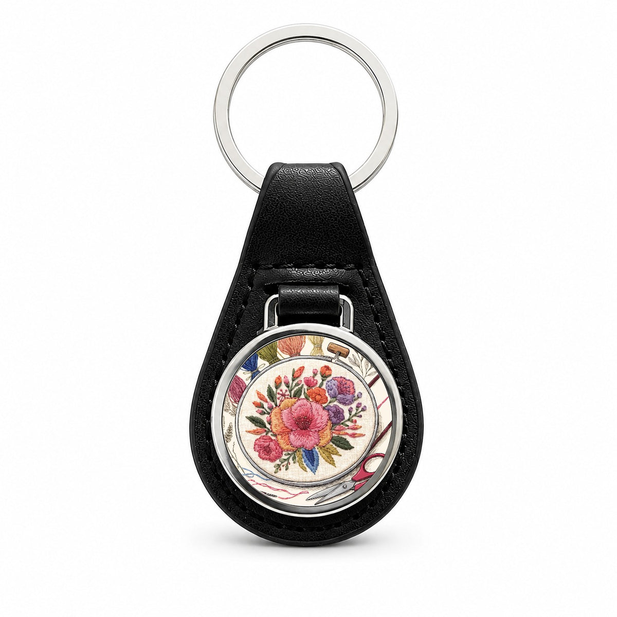 Embroidery Floral Hoop Black Leather Metal Keychain