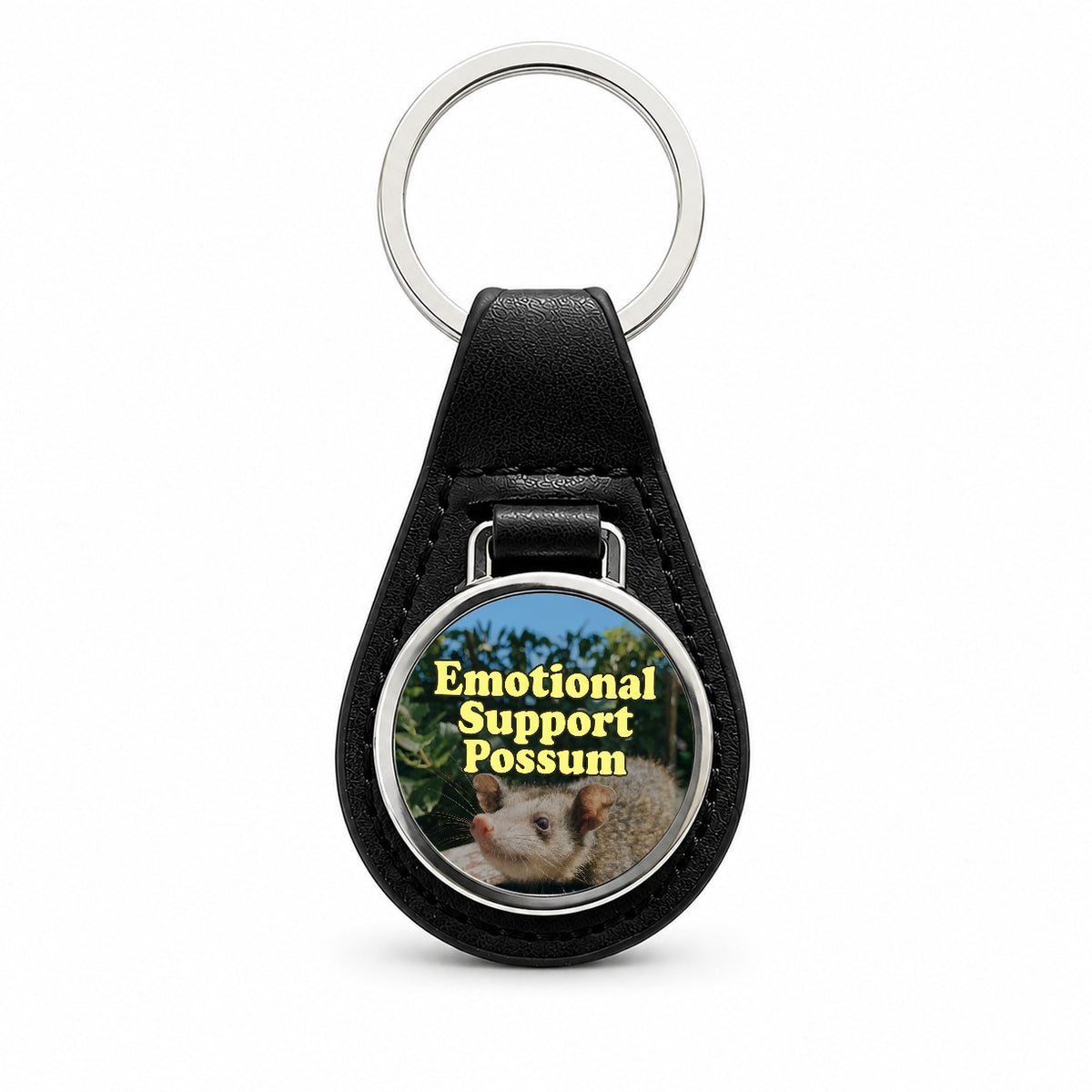 Emotional Support Possum Funny Black Leather Metal Keychain