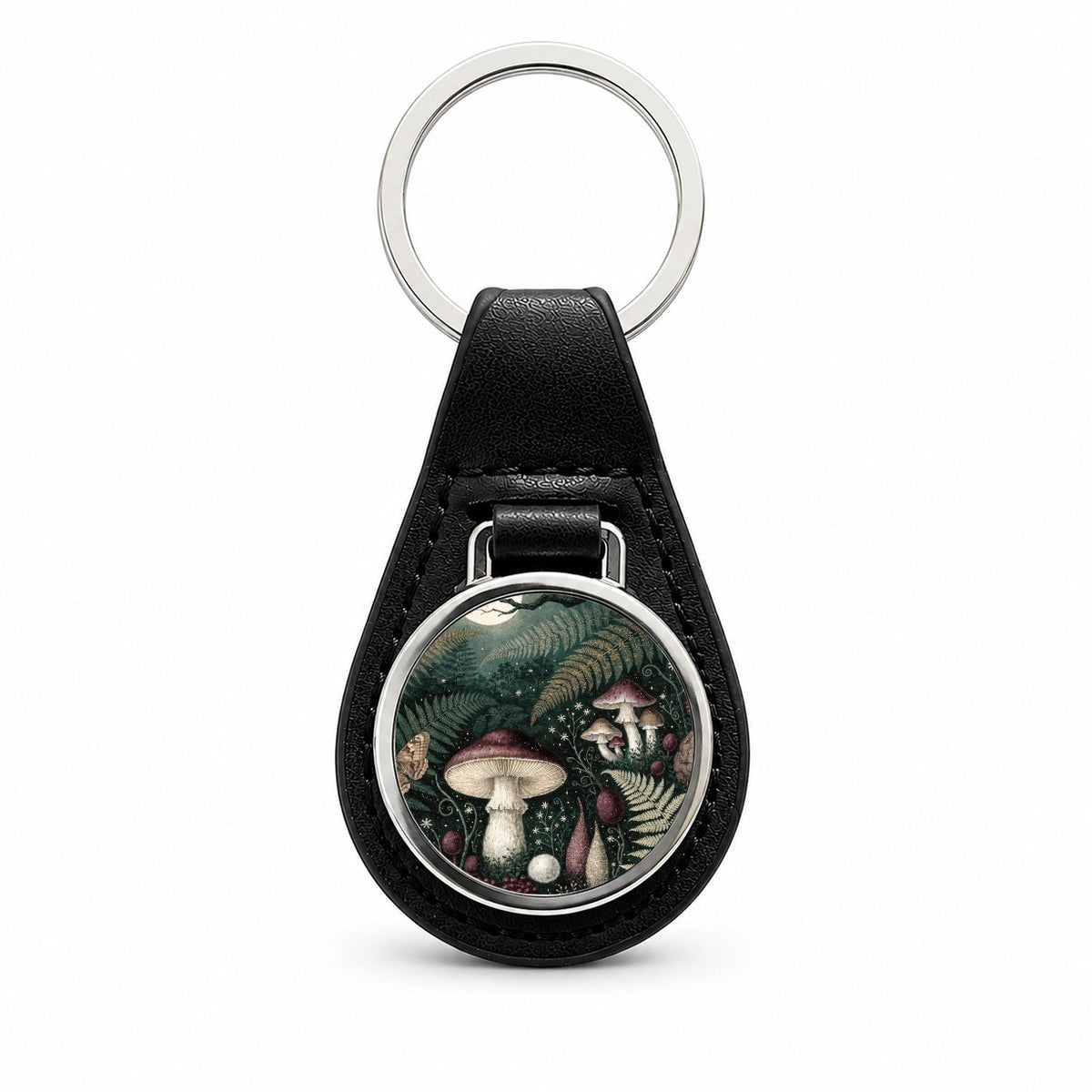 Enchanted Forest Floor Mushrooms Ferns Black Leather Metal Keychain